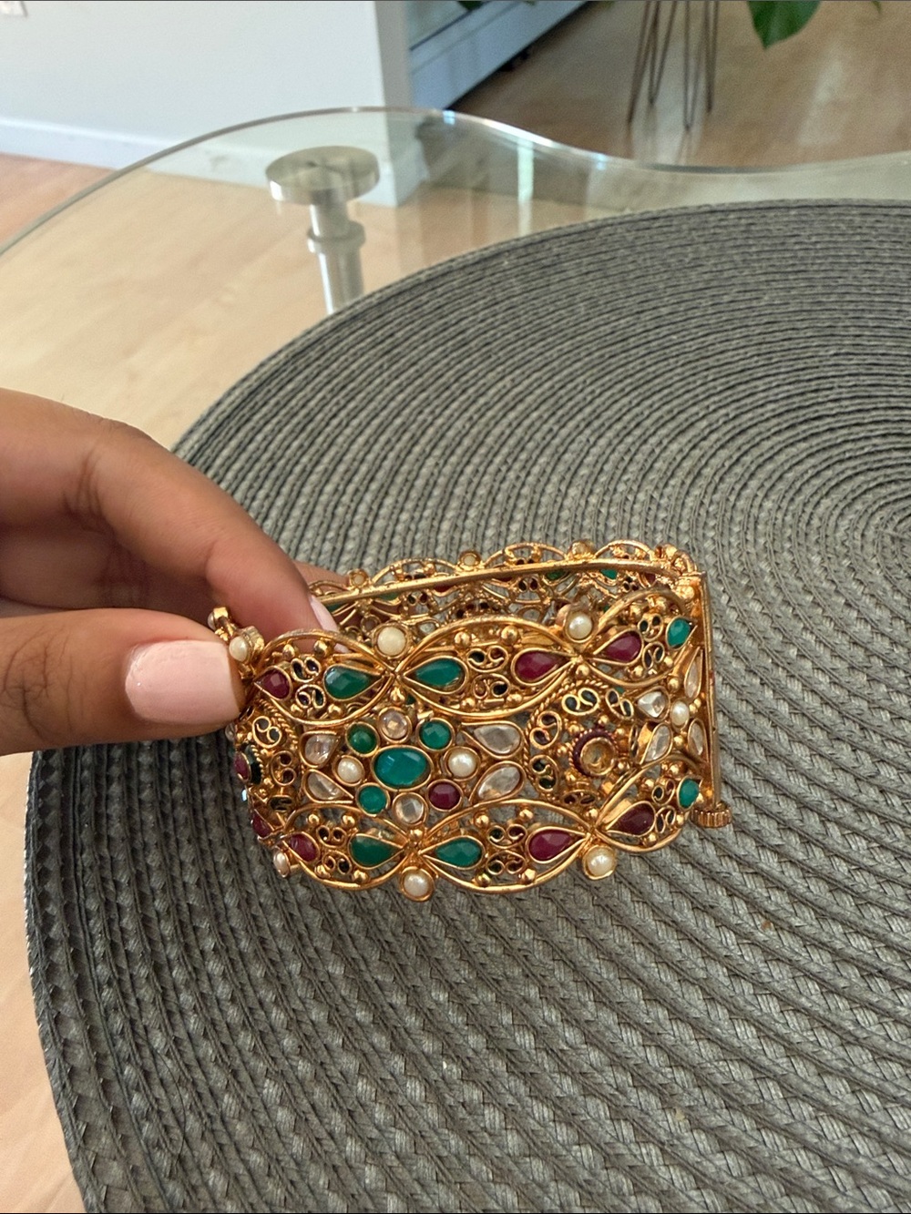 Gold-tone Gemstone Filigree Cuff Bracelet - Green & Pink Accents